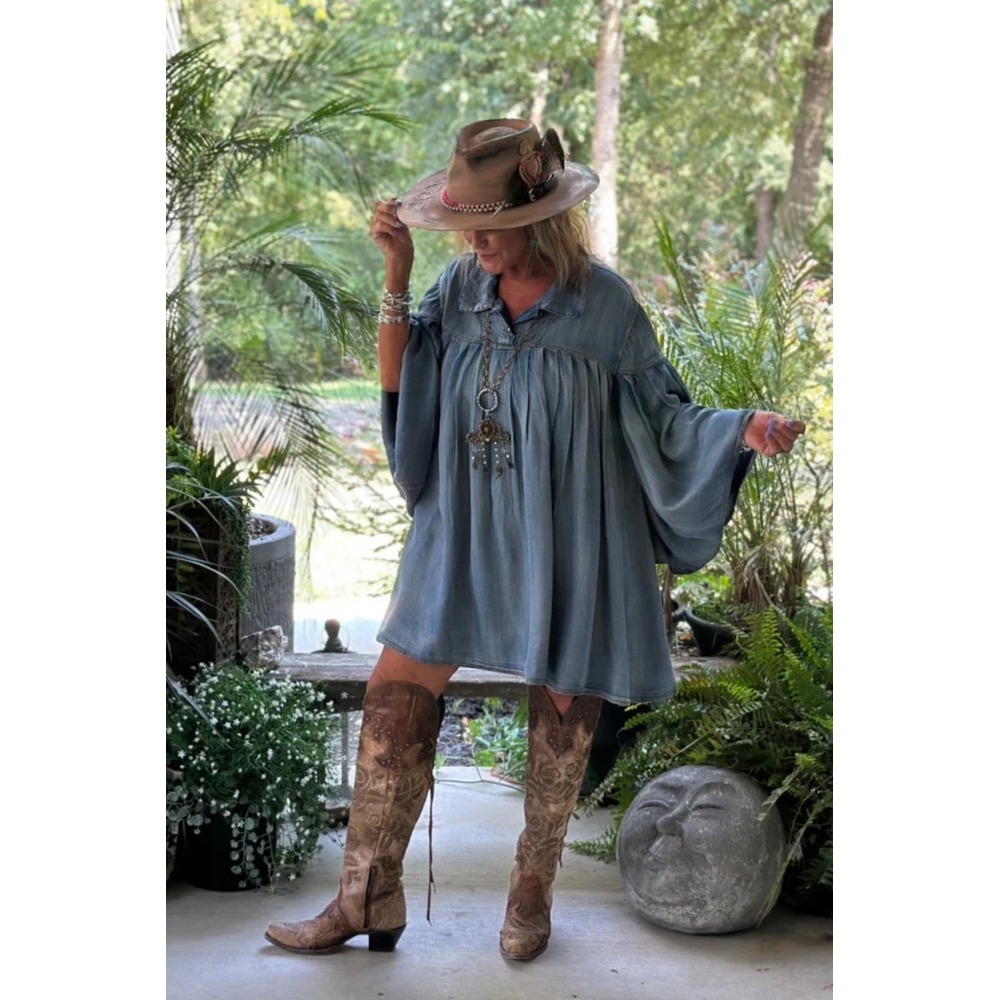 Jaded Gypsy Denim Babydoll Tunic Dress Blue Light Wash Oversized Boho O/S